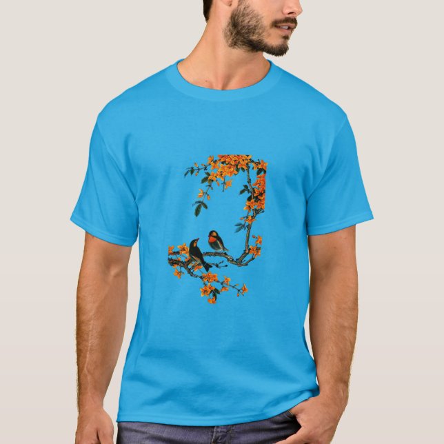 BIRDS & FLOWER PAINTING MEN'S TEAL CASUAL T-SHIRT (Front)