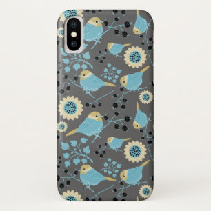 Birds Flowers and Berries Blue Cream Black Grey Case-Mate iPhone Case