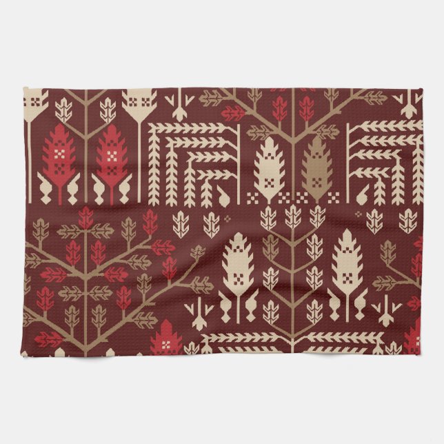 Birds Flowers Dark Blue Pattern Tea Towel (Horizontal)