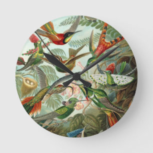 birds flowers flower bird nature vintage painting round clock