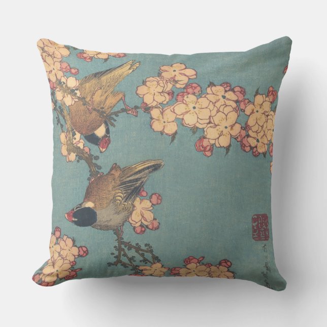 Birds Flowers Hokusai Japanese Art Cushion (Front)