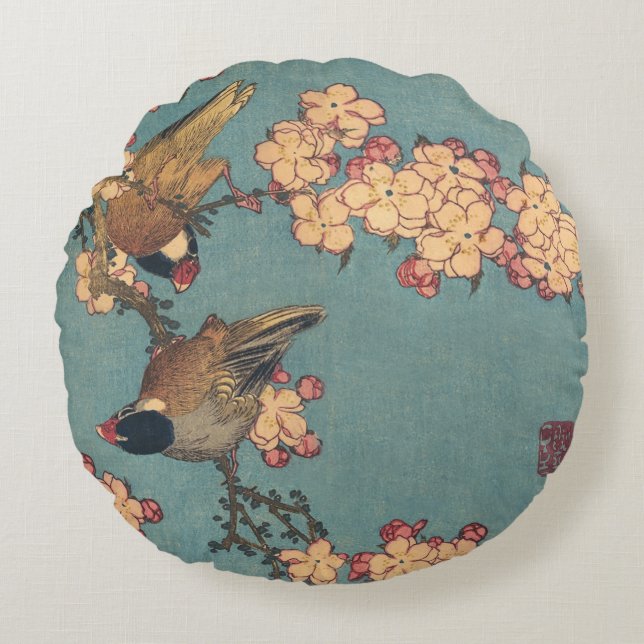 Birds Flowers Hokusai Japanese Art Round Cushion (Front)