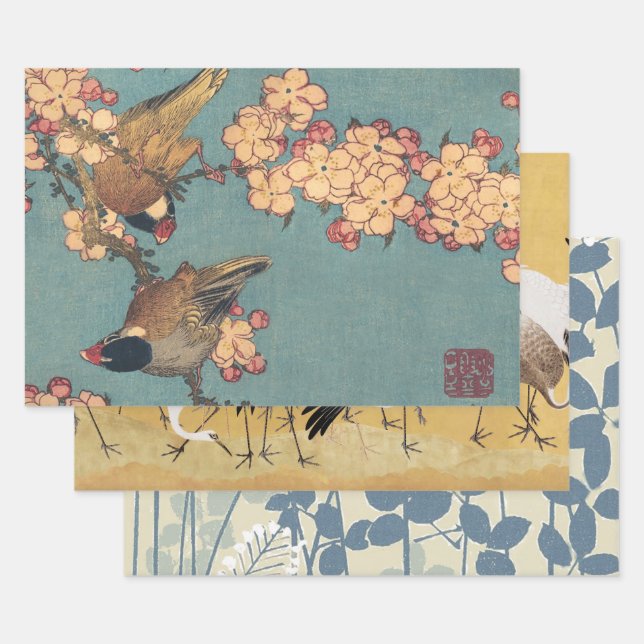 Birds Flowers Hokusai Japanese Art Wrapping Paper Sheet (Set)