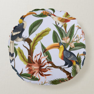 Birds & Flowers: Tropical Vintage Pattern. Round Cushion