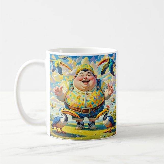 Birds flying around a happy man coffee mug (Left)