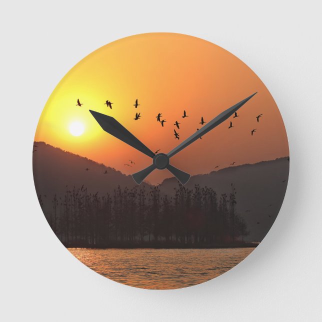 Birds Flying in Sunset Sky Over East Lake Round Clock (Front)