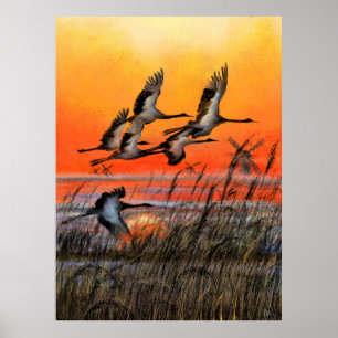 Birds Flying Sunset Poster Print - Painting Art
