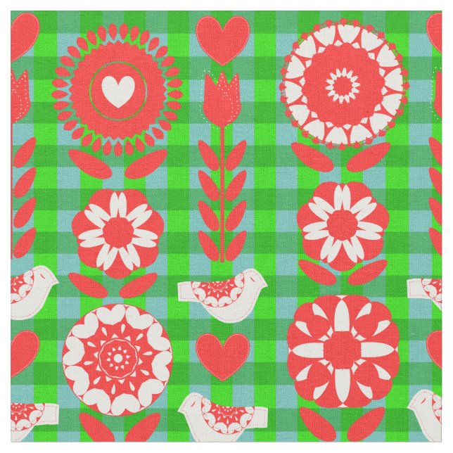 Birds Folk Art Pretty Floral Pattern Fabric (Close Up)