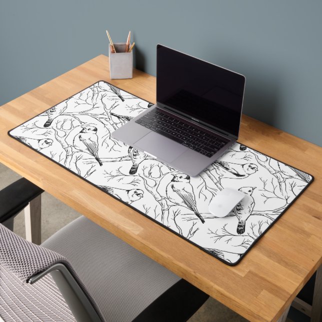 Birds hand drawn black & white pattern Modern Desk Mat (Office 2)