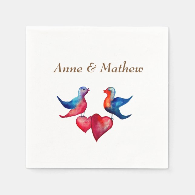 Birds, hearts, Personalized Wedding  Napkins (Front)