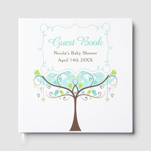 Birds Hearts Tree Blue and Green Baby Shower Guest Book (Front)