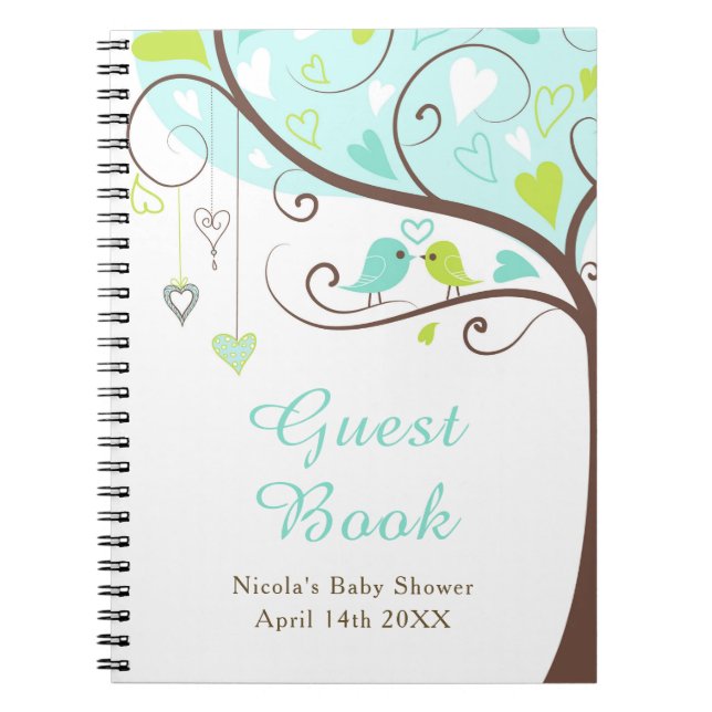 Birds Hearts Tree Blue and Green Baby Shower Notebook (Front)