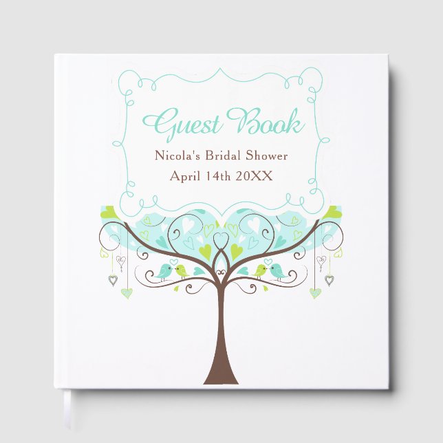 Birds Hearts Tree Blue and Green Bridal Shower Guest Book (Front)