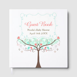 Birds Hearts Tree Mint and Coral Baby Shower Guest Book