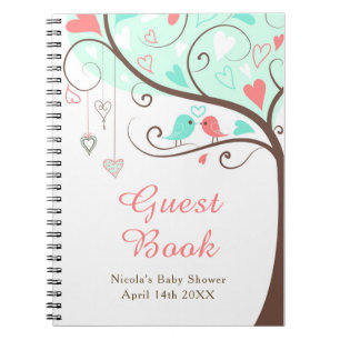 Birds Hearts Tree Mint and Coral Baby Shower Notebook