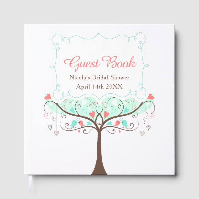 Birds Hearts Tree Mint and Coral Bridal Shower Guest Book (Front)