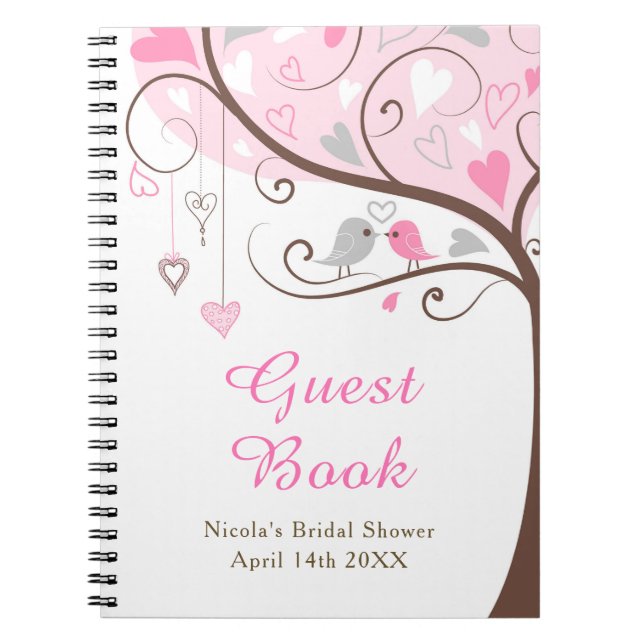 Birds Hearts Tree Pink Bridal Shower Notebook (Front)