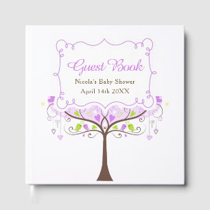 Birds Hearts Tree Purple and Green Baby Shower Guest Book