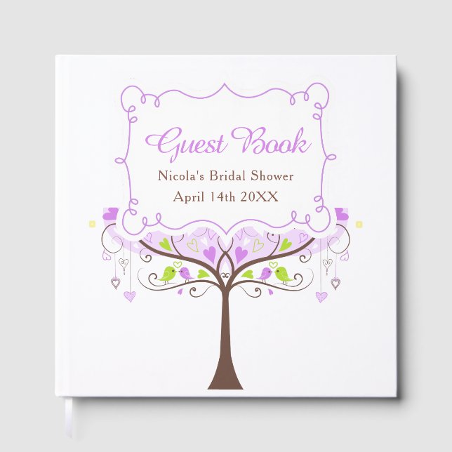 Birds Hearts Tree Purple and Green Bridal Shower Guest Book (Front)