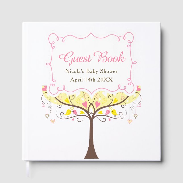 Birds Hearts Tree Yellow and Coral Baby Shower Guest Book (Front)