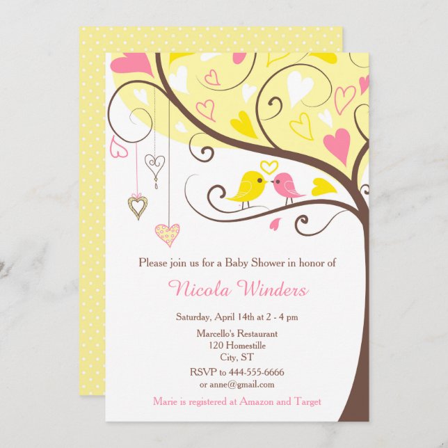 Birds Hearts Tree Yellow and Coral Baby Shower Invitation (Front/Back)