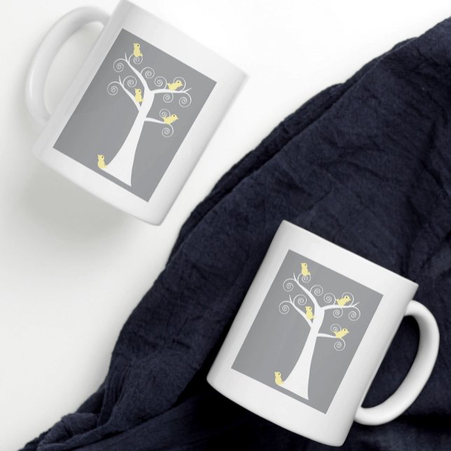 Birds in a Tree Yellow Grey Background Coffee Mug (A cute design of yellow birds on a gray background on a mug from Valerie's Gallery on Zazzle.)