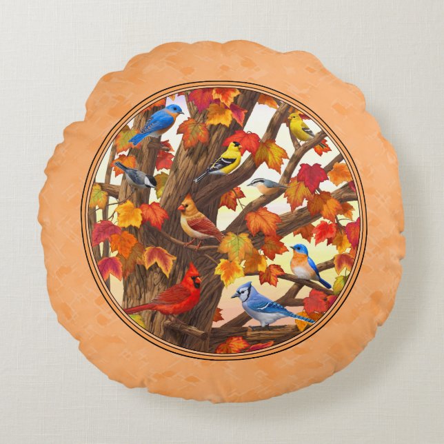 Birds in Autumn Maple Tree Peach Round Cushion (Front)
