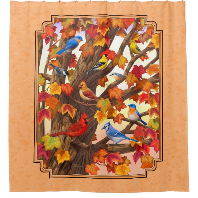 Birds in Autumn Maple Tree Peach Shower Curtain (Front)