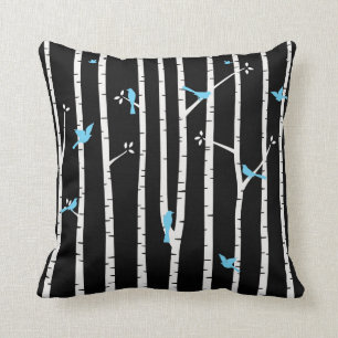 Birds in Birch Trees Blue White Black Cushion