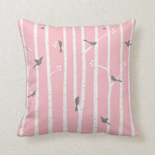 Birds in Birch Trees Grey White Pink Cushion