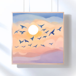 Birds in Flight   Sunset Nature Watercolor Poster
