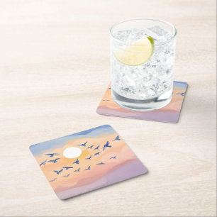 Birds in Flight Sunset Nature Watercolor Square Paper Coaster
