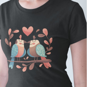 Birds In Love - Two Birds on Branches with Heart T-Shirt