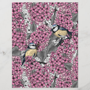 Birds in pink lilac garden