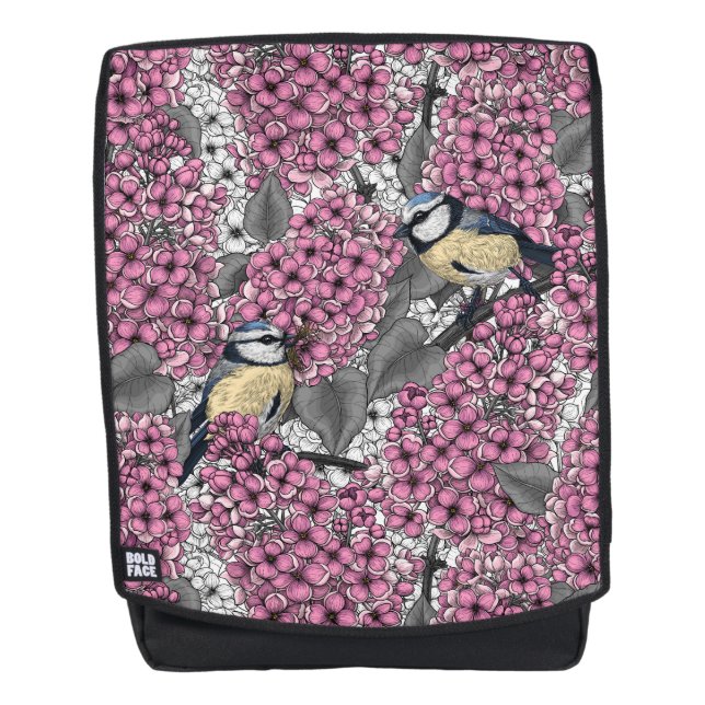 Birds in pink lilac garden backpack (Front)