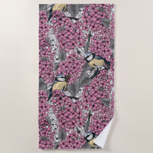 Birds in pink lilac garden beach towel