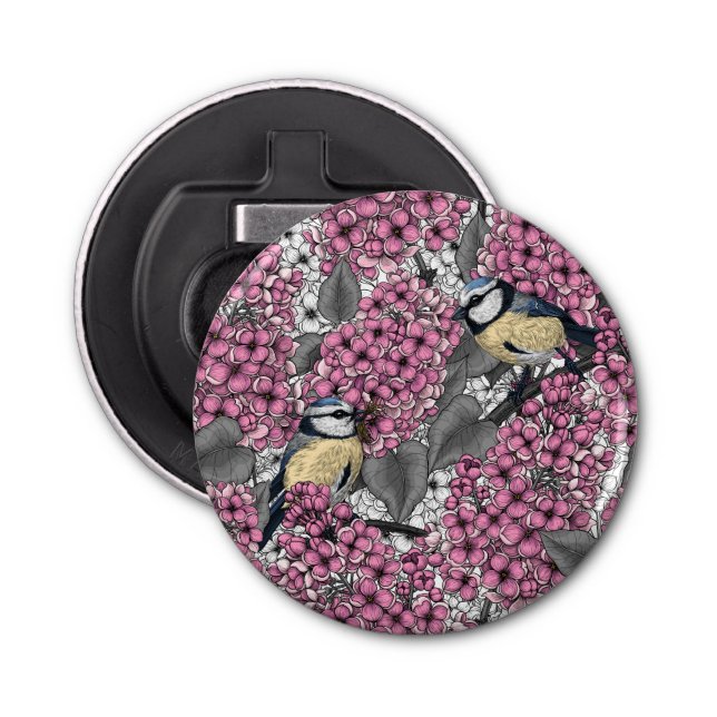 Birds in pink lilac garden bottle opener (Front)