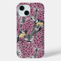 Birds in pink lilac garden