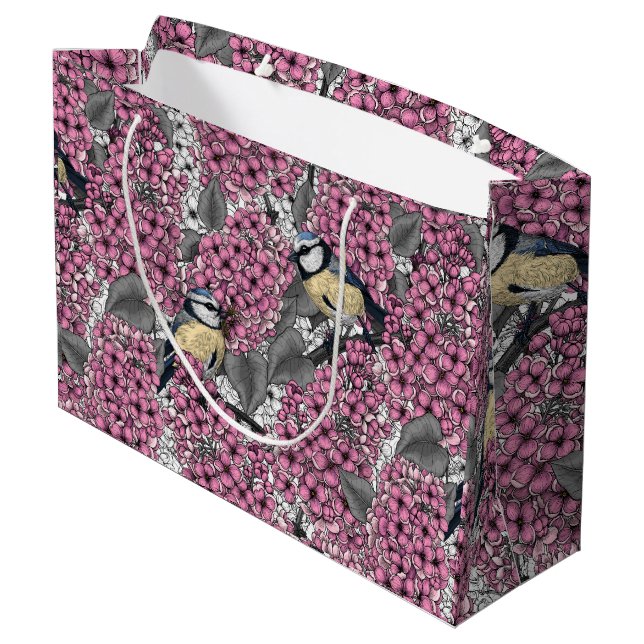 Birds in pink lilac garden large gift bag (Back Angled)