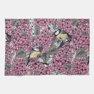 Birds in pink lilac garden tea towel