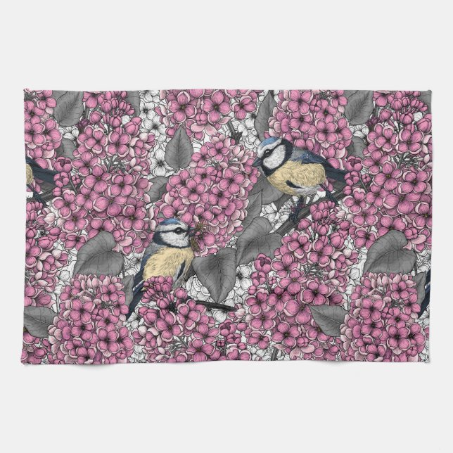 Birds in pink lilac garden tea towel (Horizontal)
