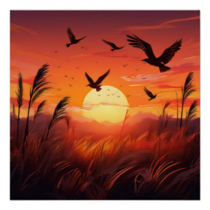 Birds in Sunset Glow – Serene Nature Scene Poster