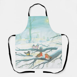 Birds in the white snow winter apron