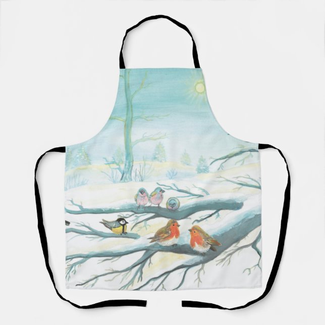 Birds in the white snow winter   apron (Front)