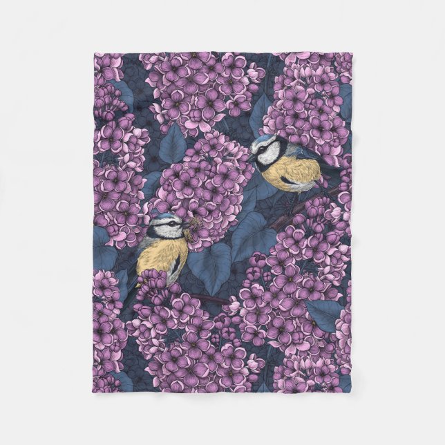 Birds in violet lilac garden fleece blanket (Front)