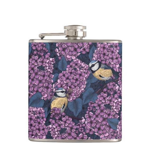 Birds in violet lilac garden hip flask (Front)