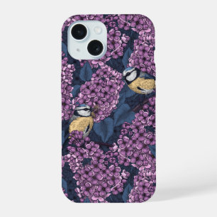 Birds in violet lilac garden iPhone 15 case
