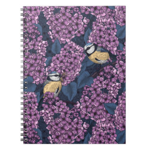 Birds in violet lilac garden notebook