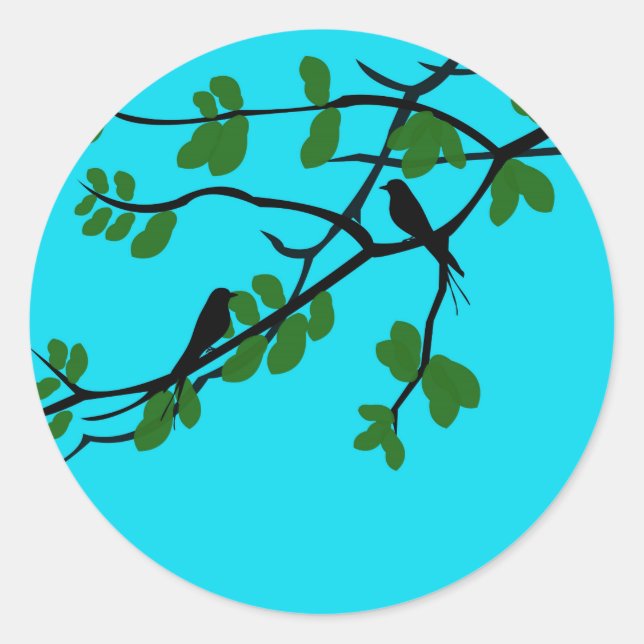 Birds_leaves_tree_blue_design Classic Round Sticker (Front)