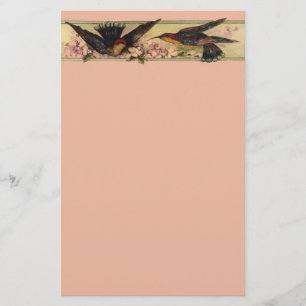 Birds Meeting ~ Stationery Pink Flowers Vintage